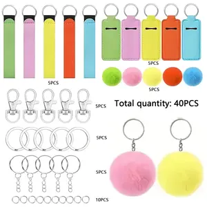 DIY Keychain Set] 40 Keychain Set - Lipstick Holder Keychains, Wrist Straps Keychains, Plush Balls, Jump Rings |   DIY Keychain Making Gifts