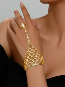 Women's Elegant Rhinestone Decorated Hollow Out Design Bracelet, Exquisite Trendy Mitten Bracelet, Fashionable Jewelry for Women & Girls As Gift Rhinestone Decor Bangles