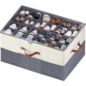 Shoe Organizer for Closet, 1 Pack Shoe Storage Container with Adjustable Dividers, Space Saving Shoe Box Storage Organizer Bin with Clear Lid and 4 Handles, Fits 12-24 Pairs, Beige & Grey
