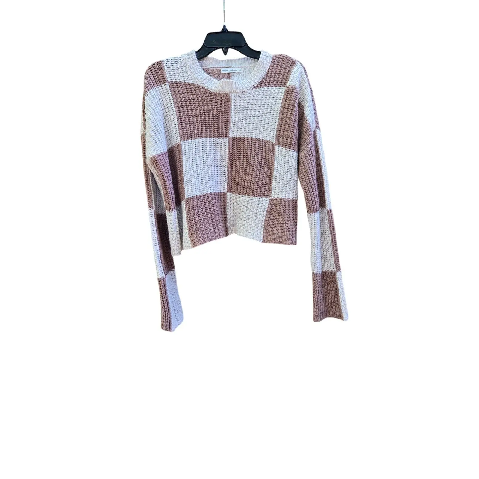 Moon & Madison Women's Medium Checkered Cropped Sweater Beige Brown