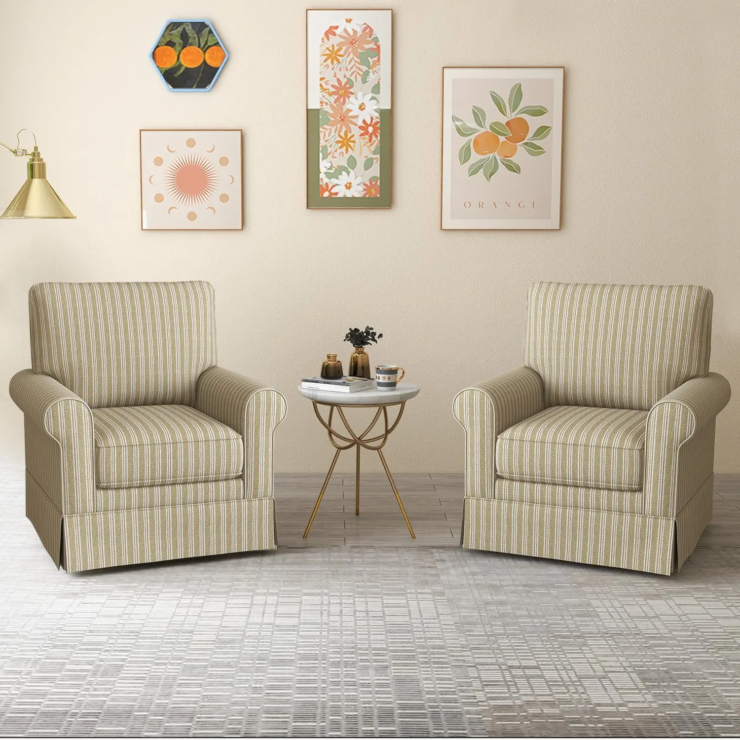 [mothersdaygift] Hertford Swivel High Back  Linen Mid Century Modern Accent Chair – Wood Frame, Upholstered Seat with Waist Cushion – Elegant & Durable for Any Room，Fully Assembled, Brown Stripe