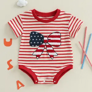 Imcute Toddler Infant Baby Girl 4th of July Romper American Flag Bow Embroidery Striped Short Sleeve Newborn Jumpsuit Onesie Bodysuit