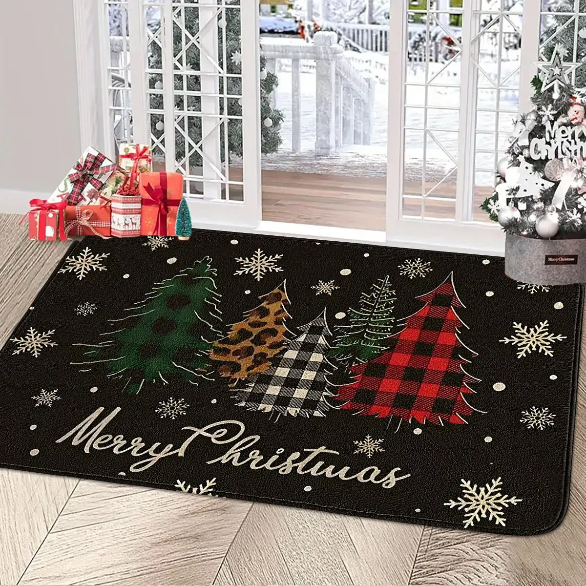 1 Piece Black Background Christmas Tree & Snowflake Doormat - Soft & Anti-Slip, "Merry Christmas" Design, Suitable for Bedroom, Kitchen, Study & More, Multiple Sizes Available