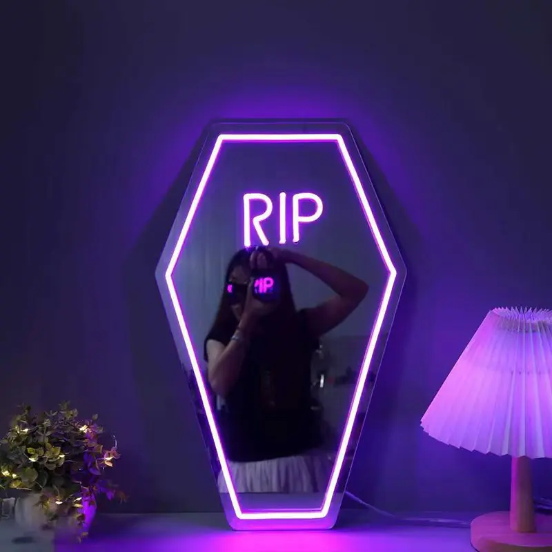 Rip Design Neon Light, Neon Accent Lights, 1 Count USB Powered LED Modern Mood Lighting Home Party Decoration Night Light, Gothic Coffin Shaped Neon Mirror for Bedroom Cloakroom Dressing Room Bar Club, Neon Lamps, Led Light Up