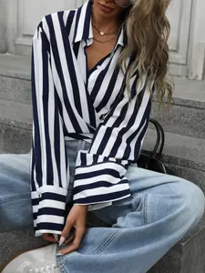 Women's Simple Loose Fit Long Sleeve Shirt, Blue Striped Collar, Perfect for Autumn Winter, Commute & Casual Style, Casual Business Top