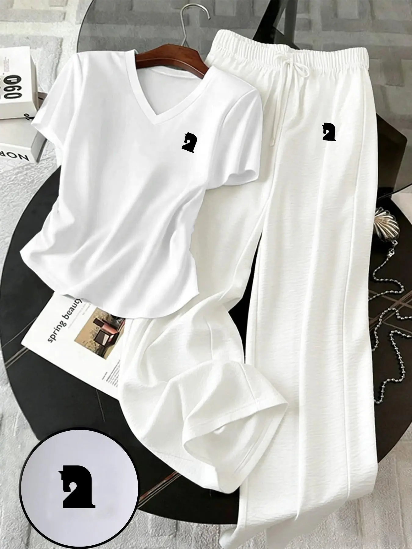 Fashionable Two-Piece Women's V-Neck Set: Soft stretch T-shirt paired with high-waisted wide-leg pants. Comfortable and breathable, perfect for casual days, loungewear, or street style outfits. A must-have TikTok trending style! Streetwear Clothes