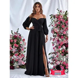 Women’s plain backless ruched belted thigh-slit wrap maxi evening dress; elegant off-the-shoulder bishop-sleeve A-line dress for parties and banquets; ladies’ clothing for all seasons; elegant and classy formal dresses