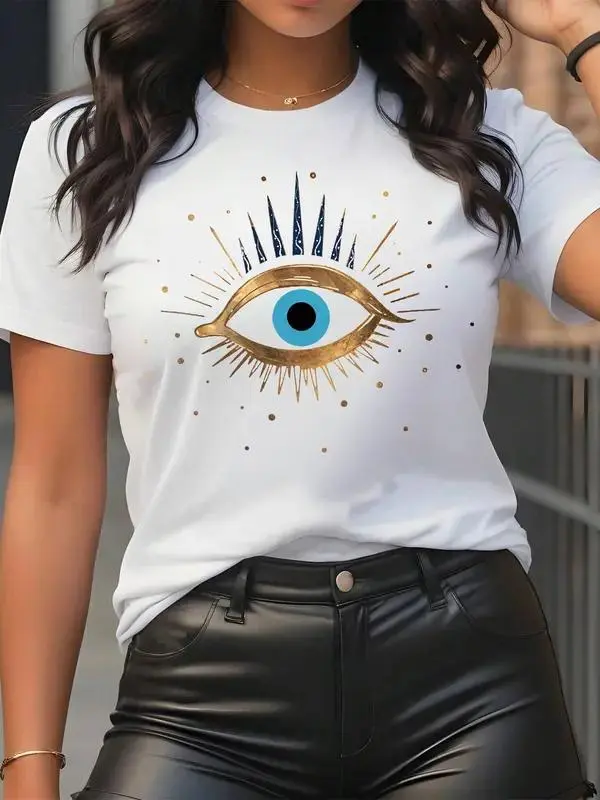 Women's Eyeball Print Round Neck Graphic Tee,Vintage Trendy Casual Short Sleeve crew neck  T-shirt for Daily Wear, Ladies Summer Outfit Cotton Top