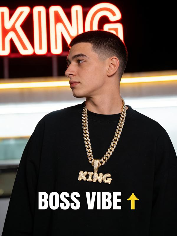 Hiphop Full Diamond King Letter Cuban Chain, Fully Encrusted Detail, Shiny, Unisex Street Style Jewelry, Cuban Link Chain