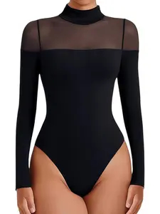 1 Count Women's Elegant  Mock Neck Fitted Long Sleeve Mesh Sheer Bodysuit, Mesh Perspective Breathable Thong Jumpsuit, One Piece Slim Fit Loungewear, Going Out Leotard Tops, Underwear, Cute Warm Shirts, Y2K Clothes, Suitable For Various Occasions