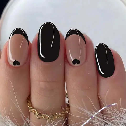 24pcs Short Oval French Acrylic Press-On Nails Set, Press On Sets, Fake Nail, False Nail Set, Heart Design, Includes Jelly Glue & Nail File, Perfect for Parties and Daily Wear, French Tip Nails
