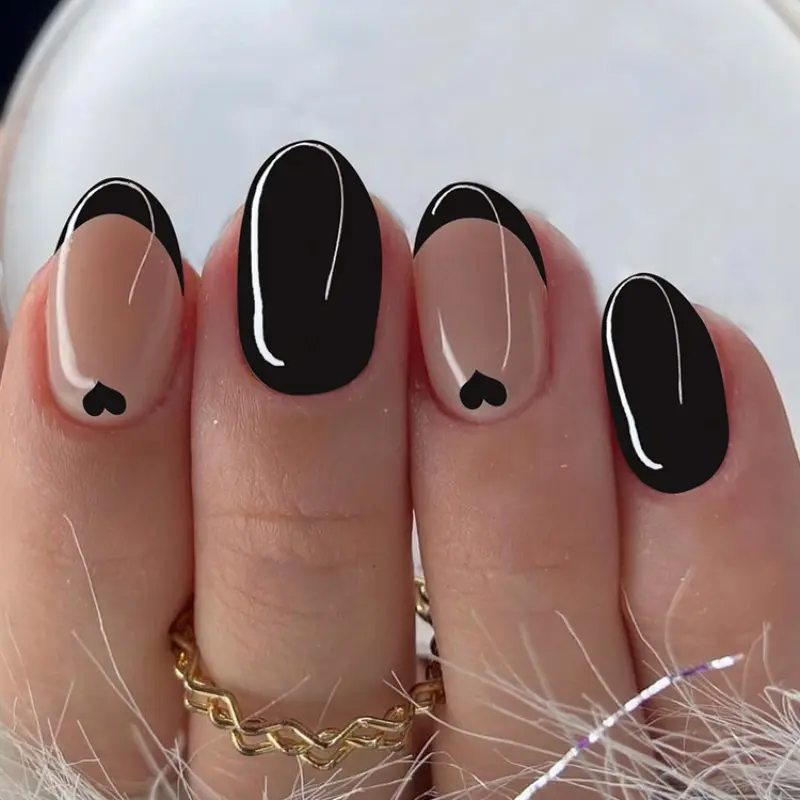 24pcs Short Oval French Acrylic Press-On Nails Set, Press On Sets, Fake Nail, False Nail Set, Heart Design, Includes Jelly Glue & Nail File, Perfect for Parties and Daily Wear, French Tip Nails