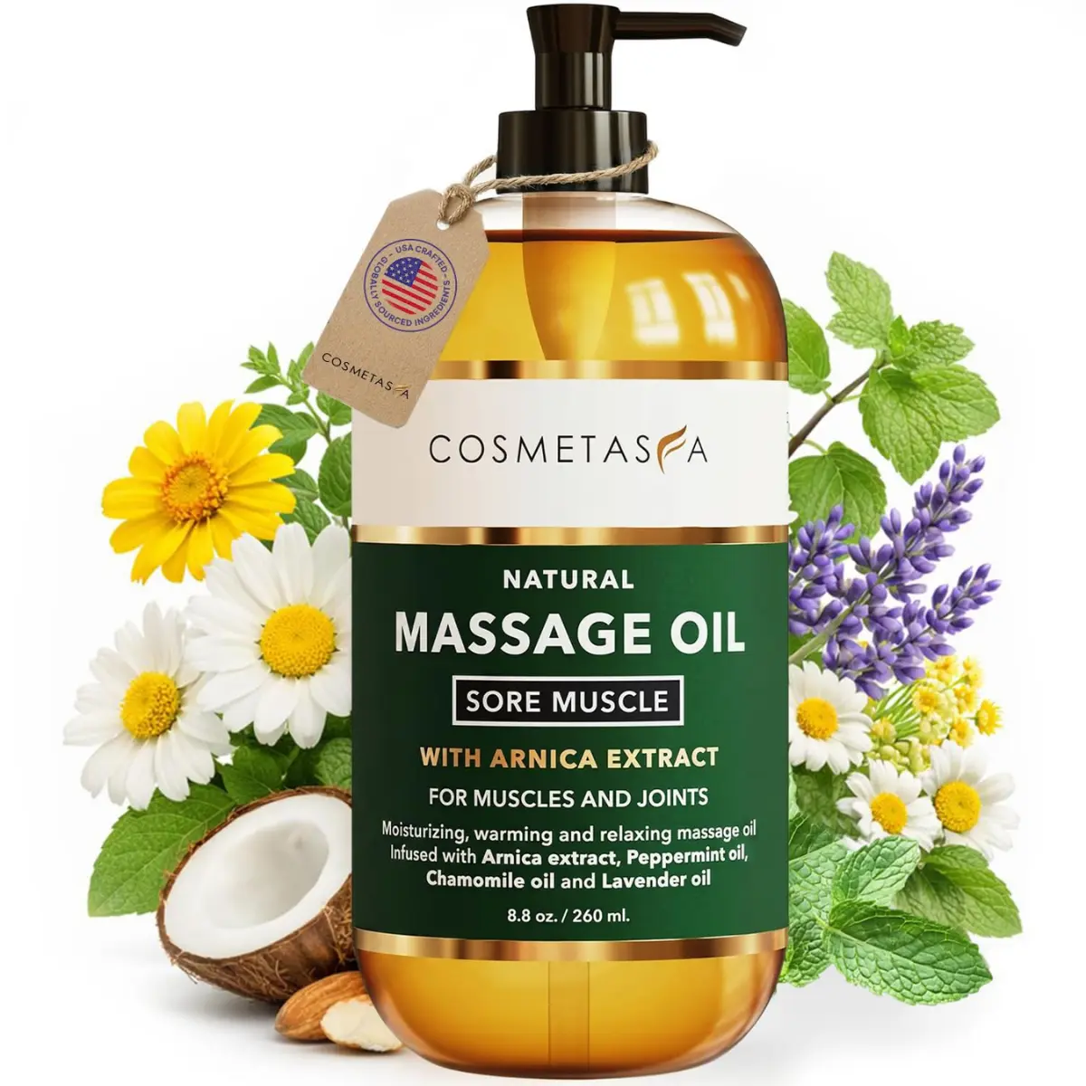 Cosmetasa Sore Muscle Massage Oil - 8.8 oz, Soothes Muscles & Joints with Arnica Extract, Peppermint, Chamomile, and Lavender