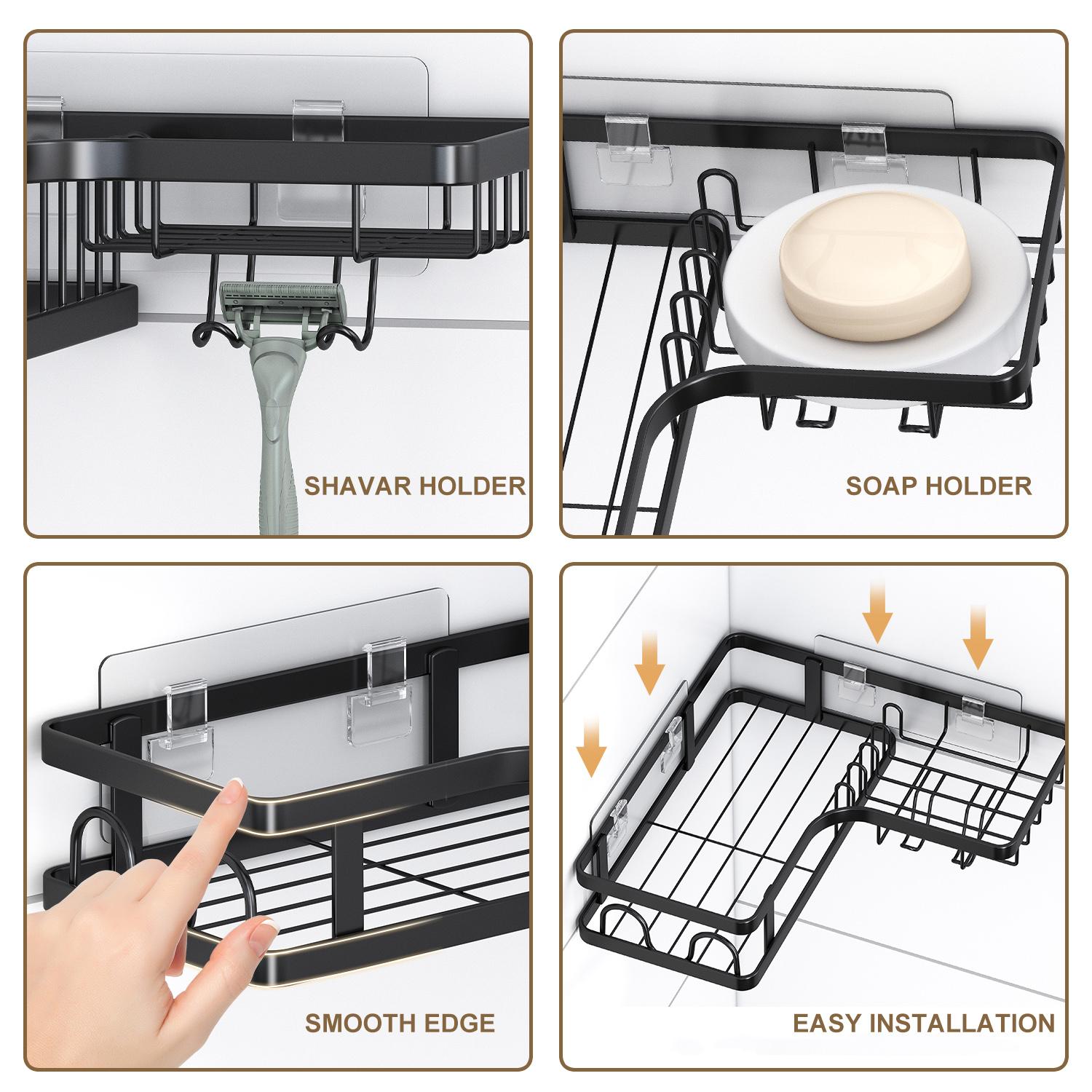 PHANCIR Corner Shower Caddy 5/6 PCS Set, Black Stainless Steel Bathroom Organizer, No-Drill Installation, Hooks & Toothpaste Holder Included