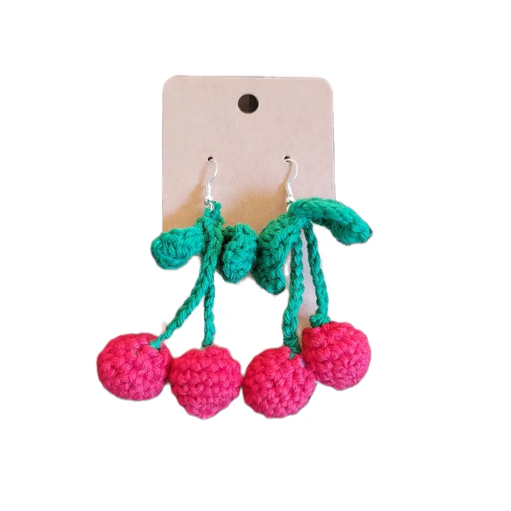 Crocheted Cherry Earrings - Green and red Handmade Crochet Design with Cherry Charms. FUnKy crocheted Jewelry