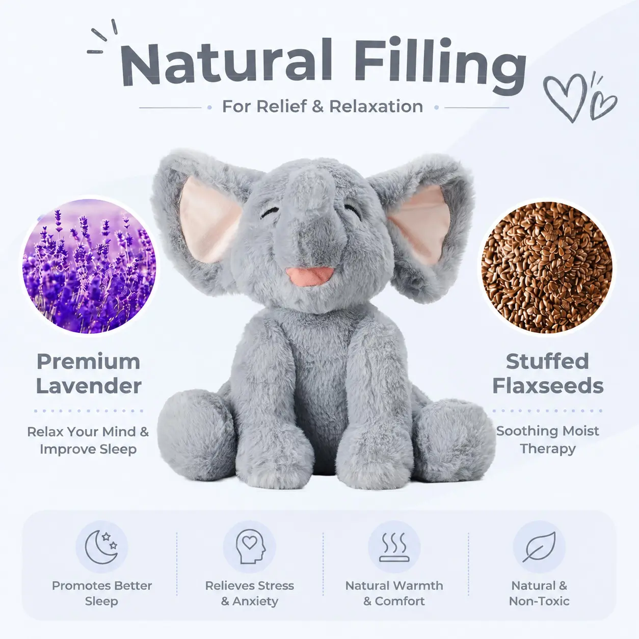 Adorable Smiling Elephant Plush Toy – Microwavable Lavender-Scented Stuffed Animal for Stress Relief, Cozy Comfort Gift for  Baby Kids, Toddlers & Adults