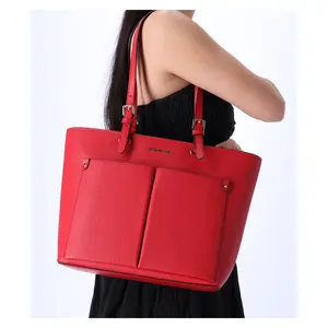Pre-owned MICHAEL KORS Leather Tote Bags Jet Set Travel Medium Double Pocket Tote Vegan Bright Red