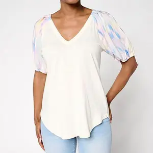 DG2 by Diane Gilman Mixed Media Puff Sleeve V-neck Top