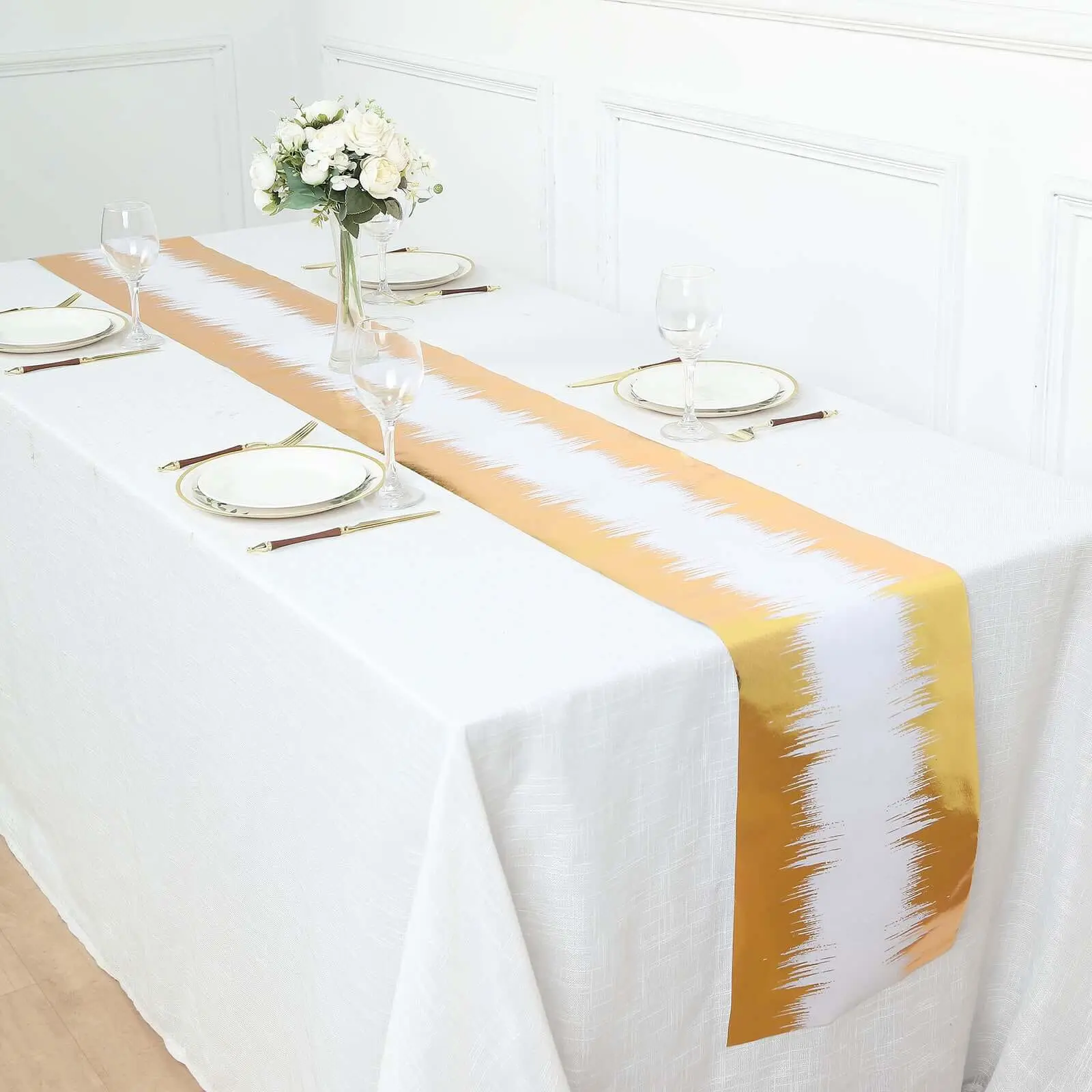 Disposable Table Runner Roll 108" Metallic Gold Foil Icicle Pattern - Stylish Non-Woven Table Decor for Special Occasions