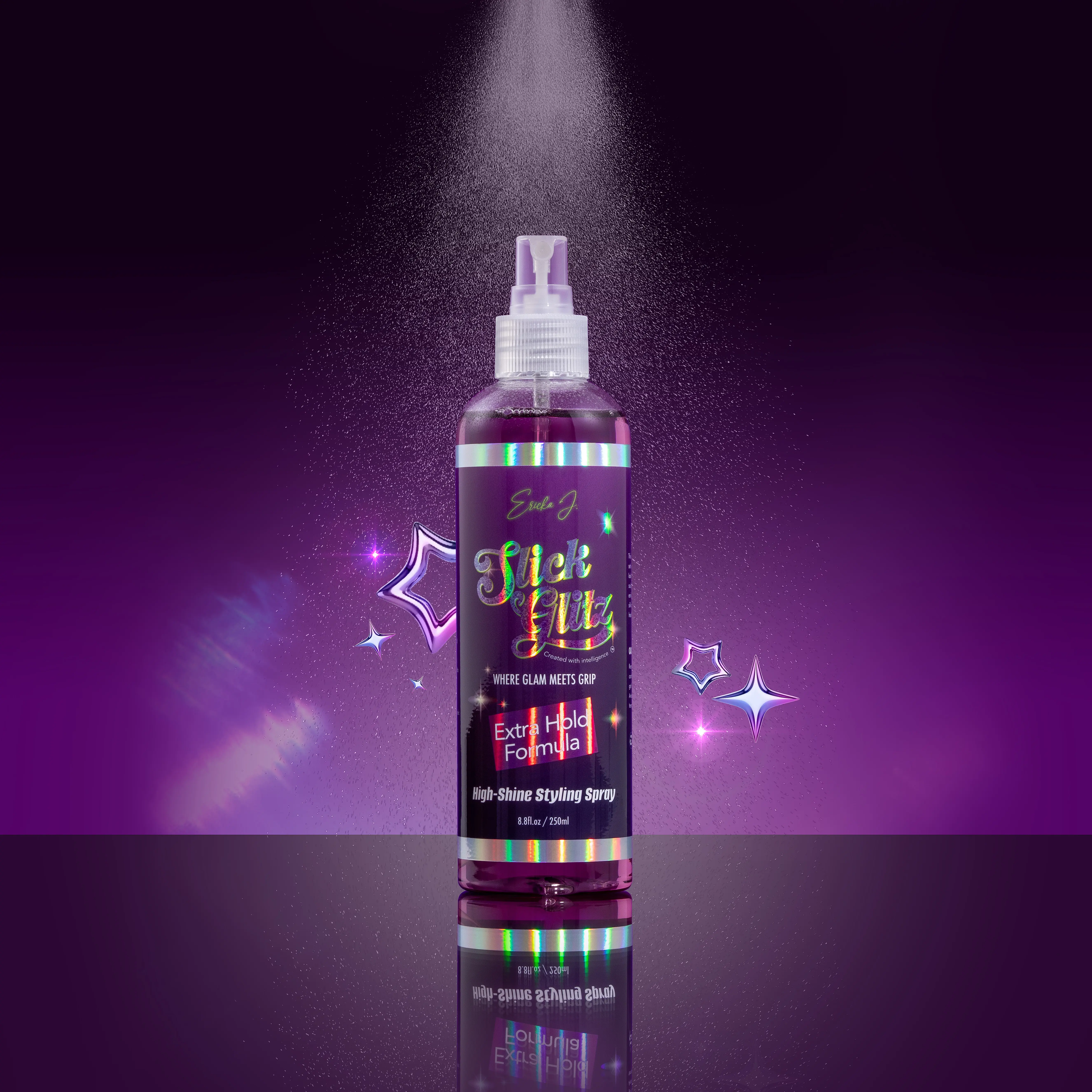 Ericka J Products Slick Glitz Styling Spray, High Shine Hair Spray for Sleek Sculpted Styles, Strong Hold Finishing Spray for Long Lasting Glossy Look, Non Flaking Fast Dry Formula, 1 Pack