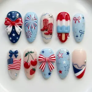 Americana Summer Press-On Nails, 3D Ribbon Bow, Cherry & Strawberry Accents, Firework Art, Patriotic Color Palette, Sweet Picnic Festival Nails, Handmade Holiday Press Ons