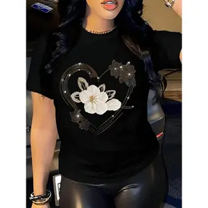 Women's Floral Heart Print Round Neck T-Shirt Soft Breathable Comfort Fit For Spring Summer Casual Wear Machine Washable Durable Fabric Essential Warm Weather Short Sleeve Top