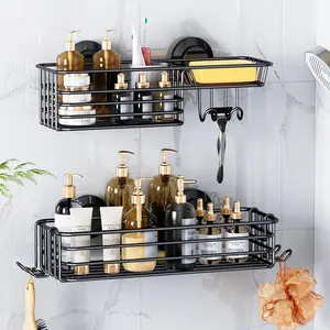 Shower Caddy Suction Cup, 2 Pack suction shower shelf with Hooks & Soap holder, NO-Drilling Bathroom Holder, Rustproof bathroom organizer, Black