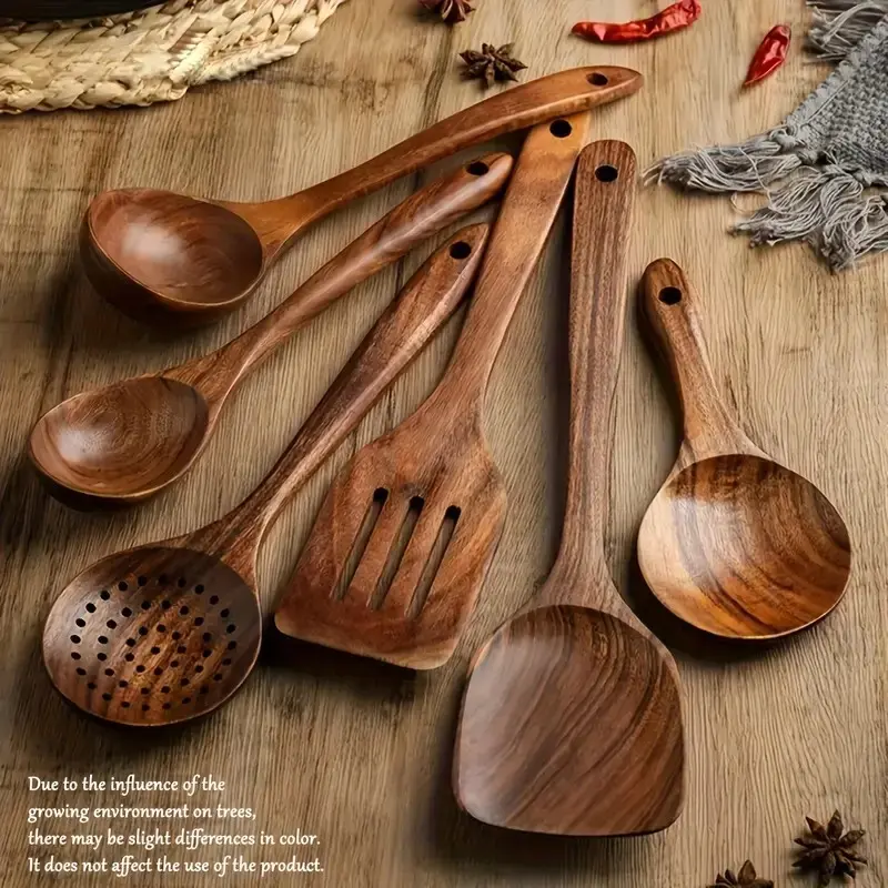 Eco-Friendly Wooden Kitchen Utensil Set - Wooden Cooking Tools, Wood Cooking Utensils, 8 Piece Teak Wood, Zero Waste Kitchen Upgrade, Durable and Reusable