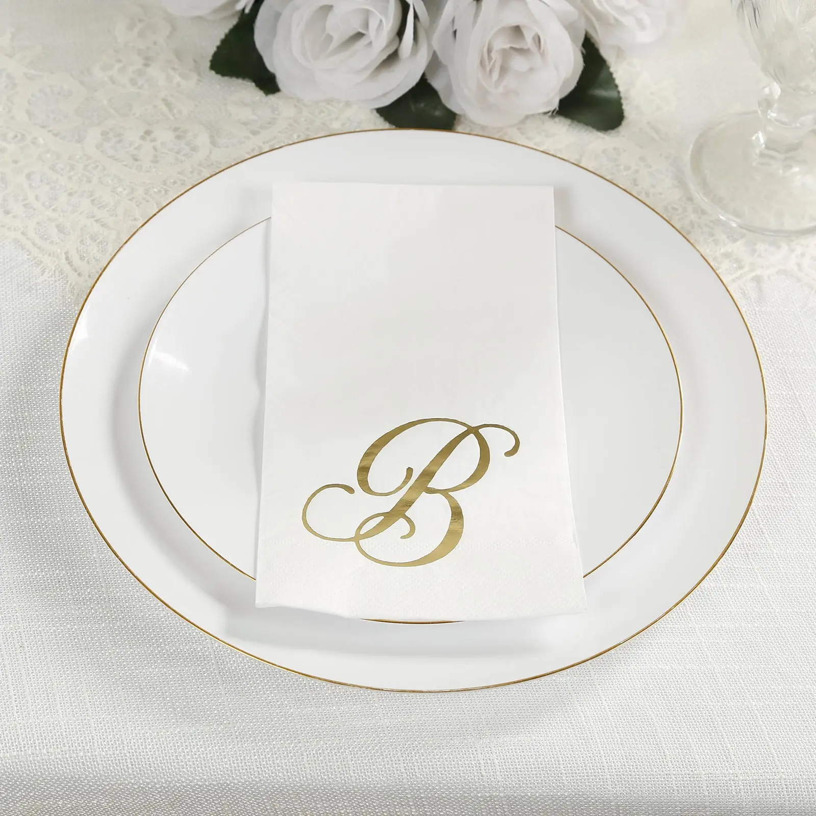 Disposable Napkins, 100-Count White 8"x4" Folded with Gold Foil Monogram 'B' Letters - Wedding Party Supplies, Table Setting Disposable Tableware for Home & Restaurant