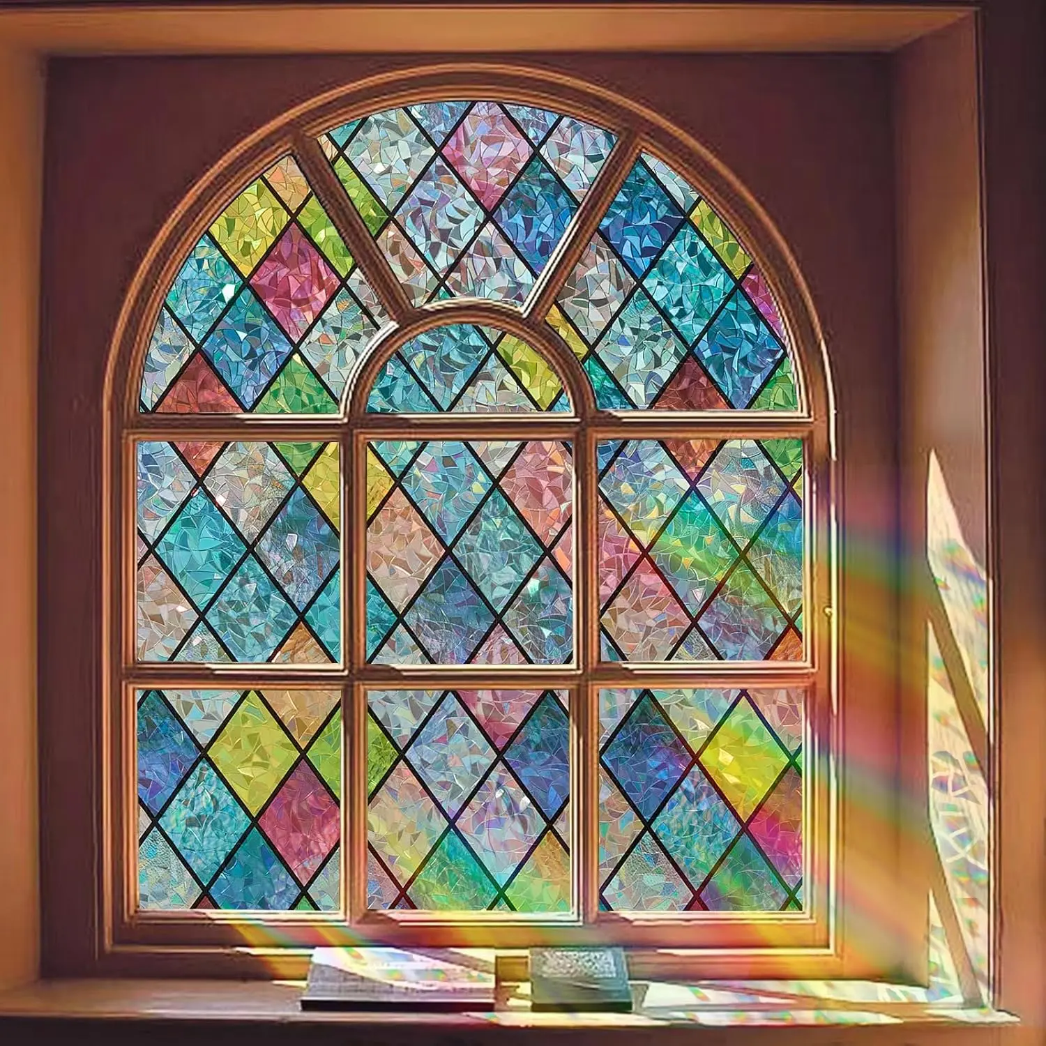 Stained Glass Window Privacy Film, Static Cling, 17.5" x 78.7" | 3D Rainbow Decorative Stickers, Heat Control, Anti-UV Sun Blocking, Non-Adhesive, Reusable Covering for Bathroom Home Door