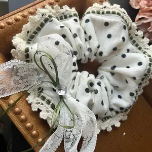 Artivelle Handmade Hair Scrunchie - Graceful Whimsy with Black Dot Pattern, White Fabric Design, and Lace Trim