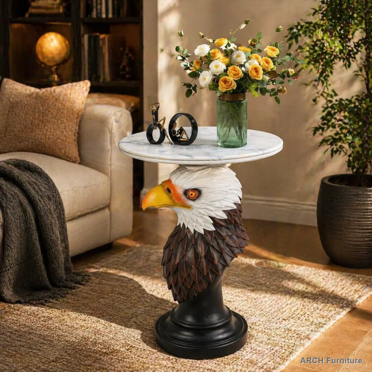 ARCH Eagle Head Sculptural End Table - Animal Theme Indoor Furniture, Round-Top Design, Detailed Eagle Statue, Resin Base, Durable Sturdy Stand for Living Room Use, Durable End Tables, Round-Top End Tables