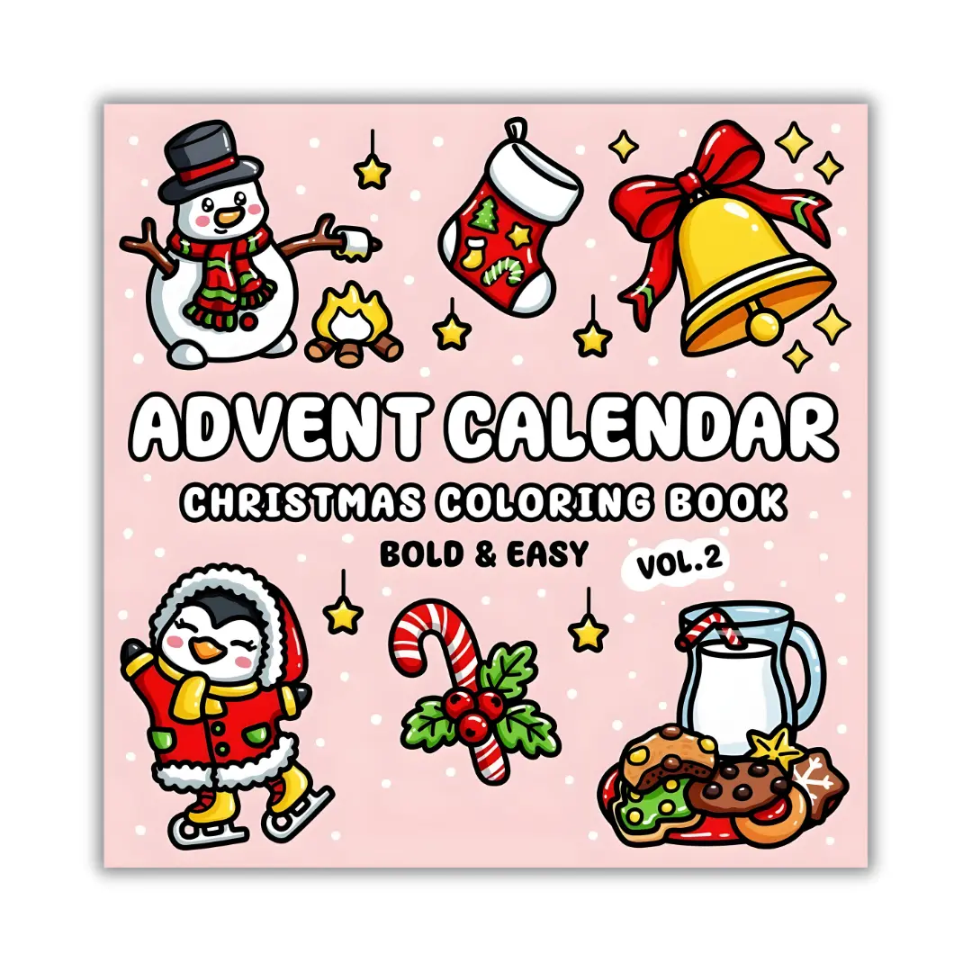 English Advent Calendar Vol. 2 Christmas Coloring Book - 25 Bold & Easy Festive Designs, 15 Bonus Pages, 90 Pages, 8.5in x 8.5in Premium Glossy Cover, Relaxing Daily Countdown, Independently Published by Jeanett Veronica, for Coloring Lovers