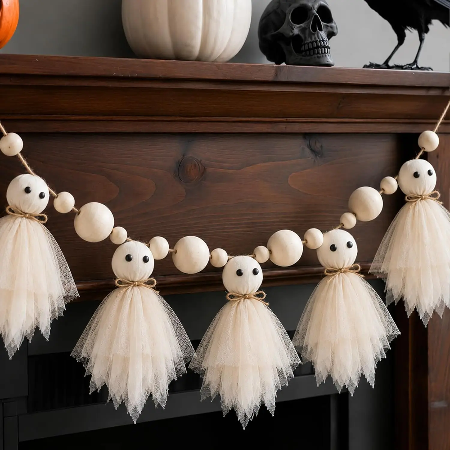 Halloween Gifts 6.5Ft Halloween Ghost Garland with Wooden Beads, Handmade Cute Ghost Decor | Vintage Farmhouse Halloween Banner Decorations