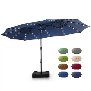 PHI VILLA 2025 New Double-Sided Outdoor Patio Umbrella 15 ft Large with Crank, Steel Pole, Metal Frame, Includes Base, Easy to Clean, Solar Led Lights