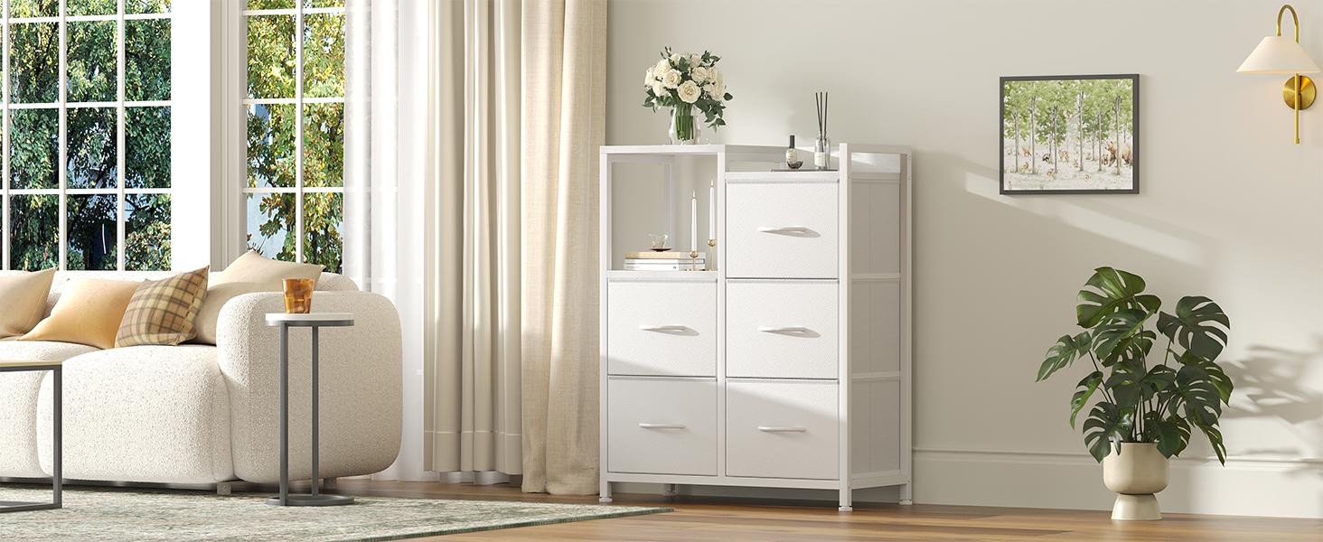 5 Drawer Fabric Dresser, 2-Tier Shelf Storage Chest, Storage Cabinet for Bedroom, Hallway, Entryway, White