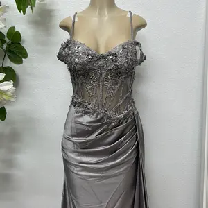 Silver Prom Dress with Floral Design - Elegant Evening Gown for Special Occasions