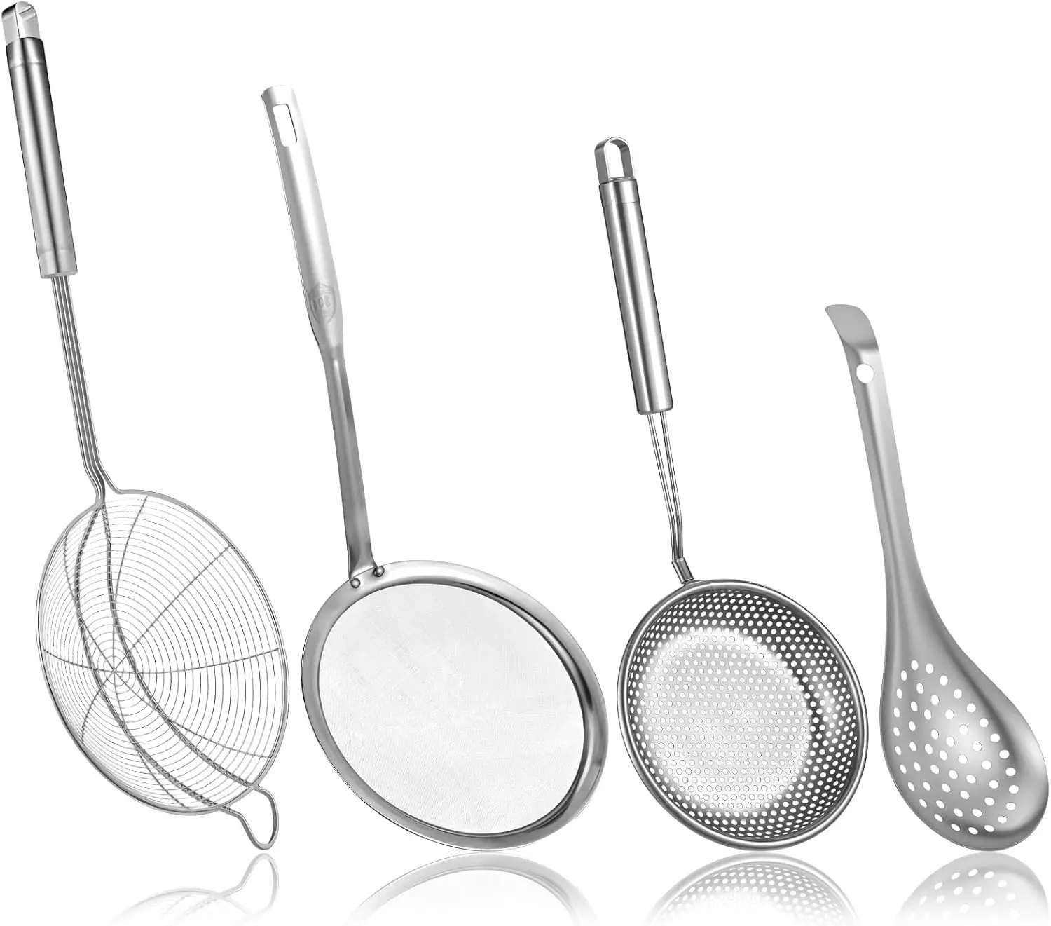 4PCS Spider Strainer Skimmer Spoon Set, Fine Mesh Strainer and Fat Skimmer Spoon Set, Stainless Steel Metal With Hole Sieve Food Strainers with Hanging Holes, for Cooking, Fat, Grease, Floating Foam