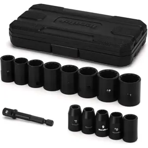 14 count 3/8-Inch Drive Impact Socket Set, 12-Point, Metric, Shallow, CR-V, 7mm to 19mm, Drill Socket Adapter 3/8"
