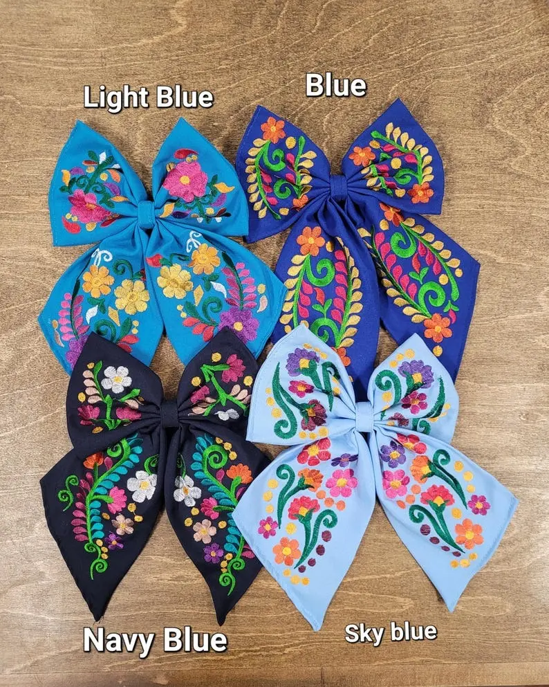 Embroidered Hair Bow Coquette Bow Mexican Bow with Vibrant Floral Patterns and Bold Colors for Stylish Hair Accessories