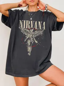 Women's Nirvana Angel Graphic Oversized Fit T-Shirt, Vintage Band Merch Casual Tee, Edgy Retro Streetwear Top for Daily Wear Fashion
