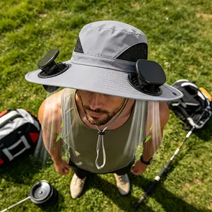 2026 Summer Men's UV Protection Hat,Wide Brim Breathable Fishing Beach Cap with 2 Fans,Adjustable Solar/USB Rechargeable Cooling Hat for Outdoor Hiking Camping