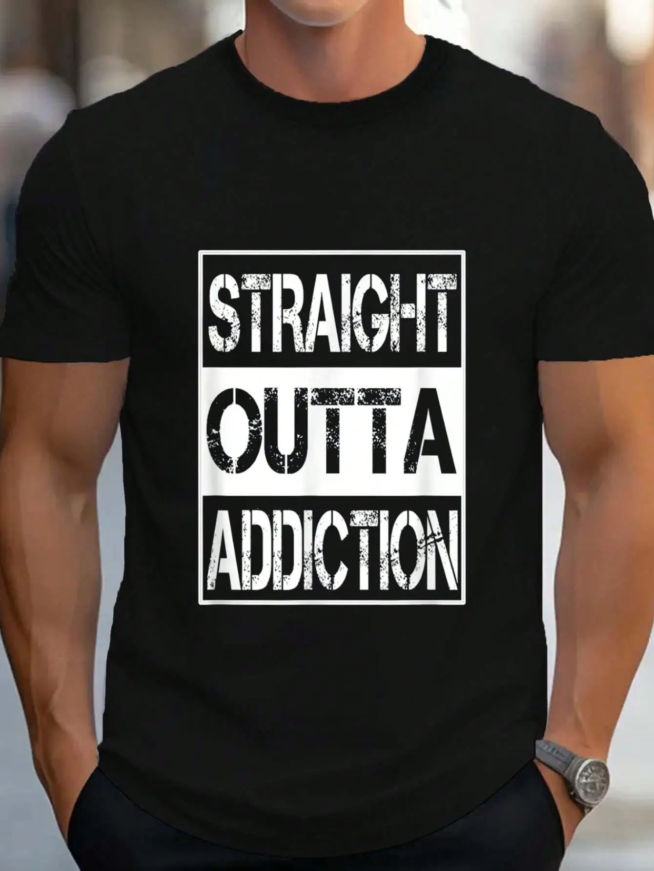 Men's 100% Cotton Washed Short Sleeve Round Neck Crew Neck Distressed Graphic T-Shirt - "Straight Outta Addiction Rehab Recovery Detox" Print, Streetwear Casual Vintage Tops for Summer Vacation
