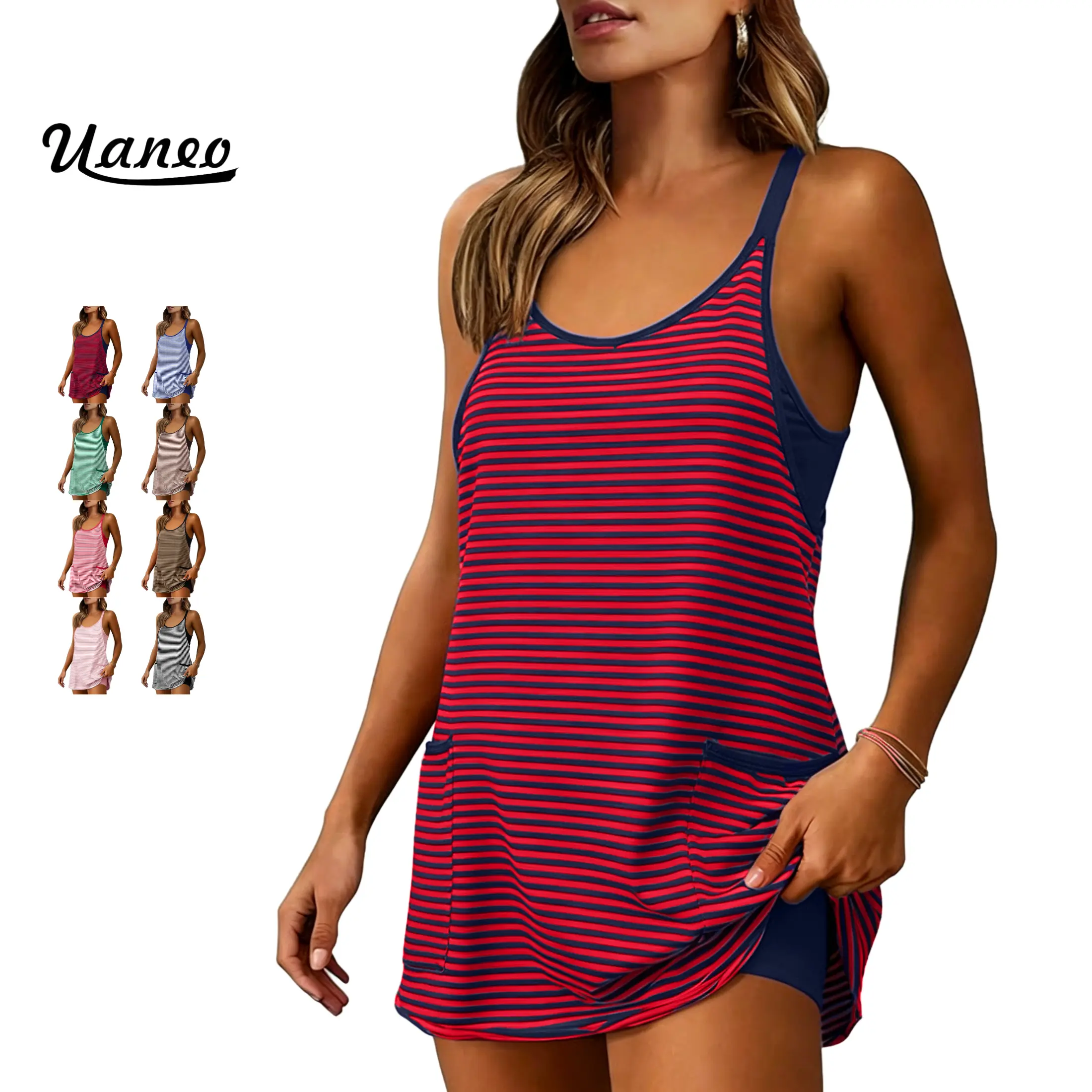 UANEO Womens Striped Tennis Dress with Built-in Shorts Sleeveless V Neck Mini Athletic Romper with Pockets 4th of July Summer Vacation Outfit