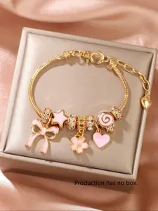 Cute Bow & Heart & Flower Design Charm Bracelet, Rhinestone Decorated Bracelet for Women & Girls, Trendy All-match & Exquisite Jewelry for Birthday Gift, Heart Shaped Bracelet