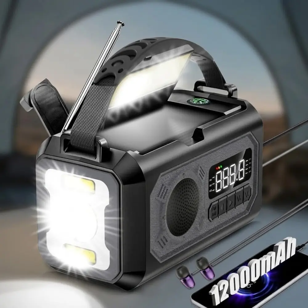 Solar Power Bank with Hand Crank: 12000mAh Outdoor Emergency Charger, NoAA Weather Radio, AM/FM, LED SOS Light. Essential Survival Gear for Camping, Hiking & Emergency Preparedness.