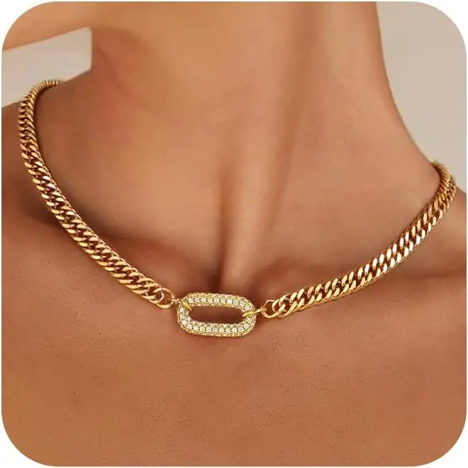 Gold Necklace for Women, 14K Gold Plated Chunky Cuban Link Chain Herringbone Paperclip Box Chain Choker Necklaces for Women Trendy Non Tarnish Jewelry Gifts