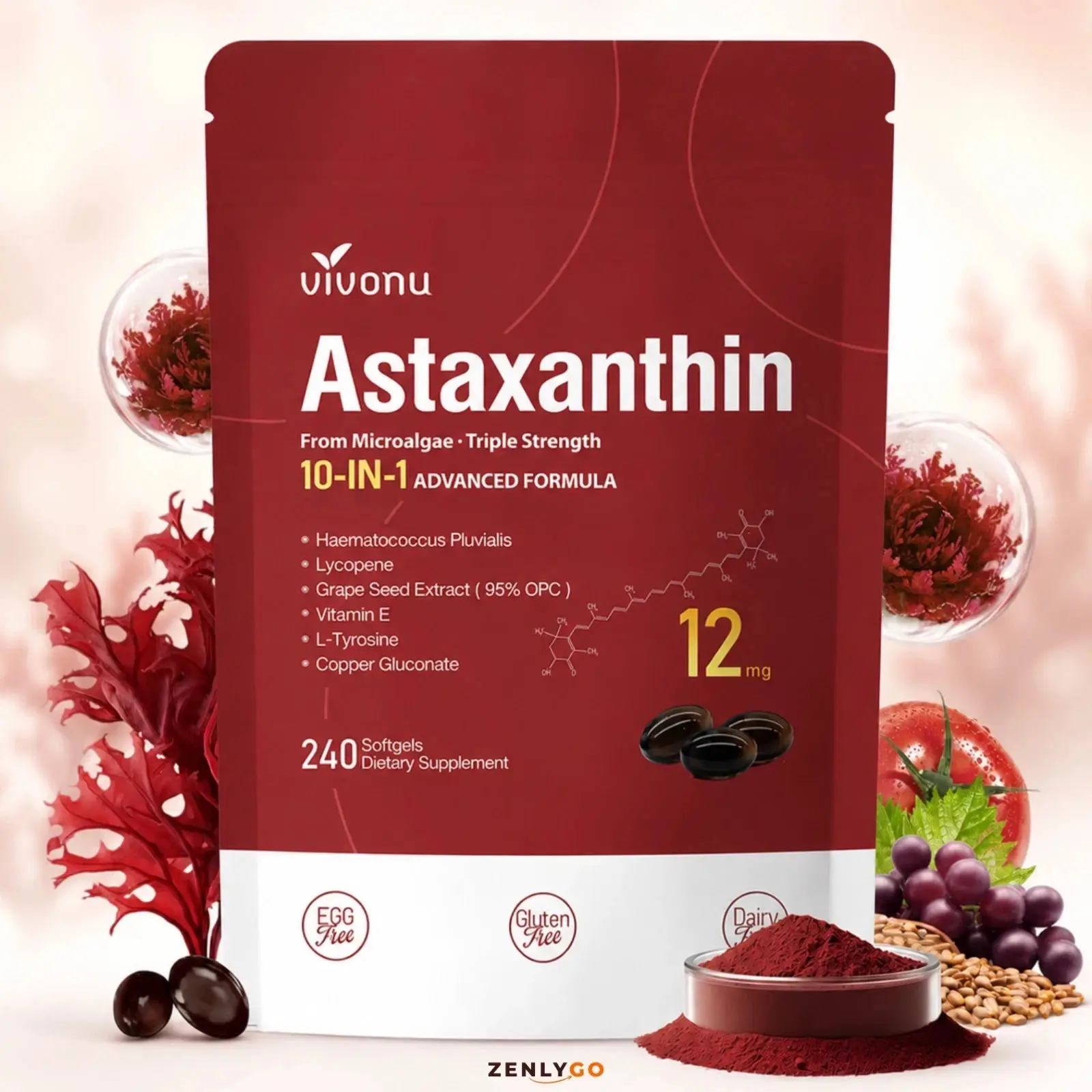 Astaxanthin 12mg Softgels with Lycopene, Grape Seed Extract, Vitamin E & Zinc, Eye, Skin and Heart Support, 240 Softgels, 120 Day Supply