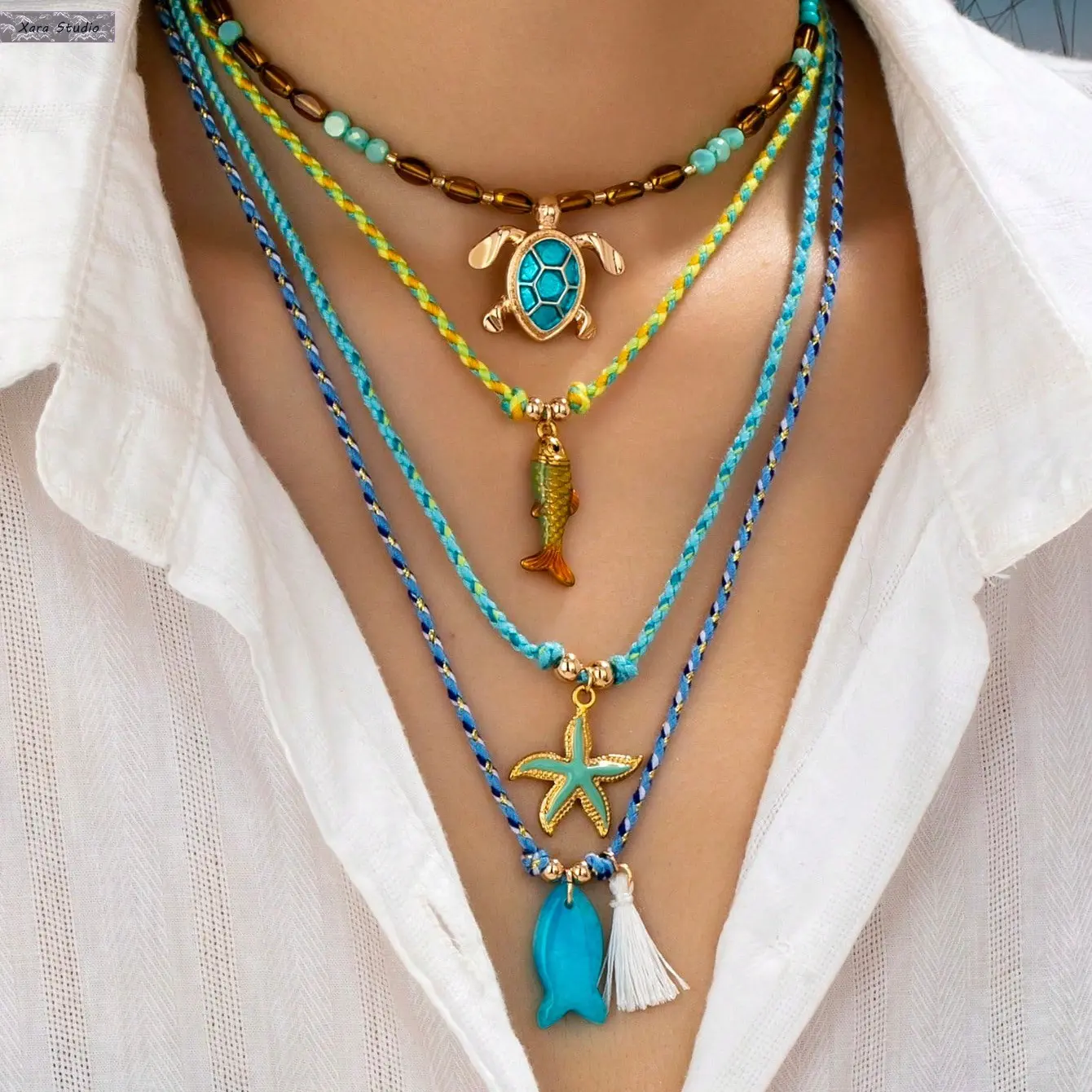 Bohemian Handmade Adjustable Pendant Necklace - Marine Shell, Beach Elements, Bead Chain, Jeweled Detail, Coastal Girl Hippie Style, Summer Vacation Festival Accessory, Adjustable Pendants Necklaces, Bead Chain Necklaces