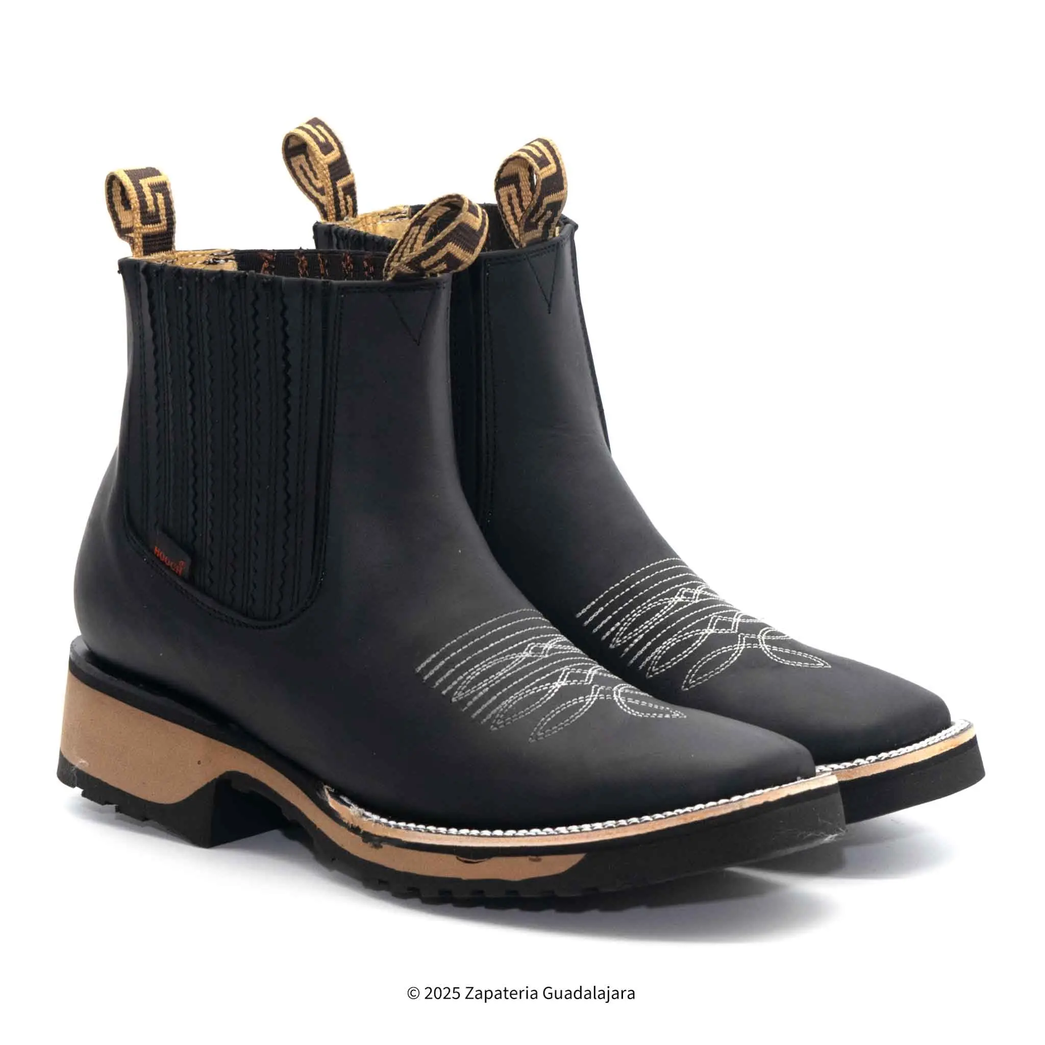 Wide Square Toe Crazy Black Double Density Sole Leather Boot-H42D2605